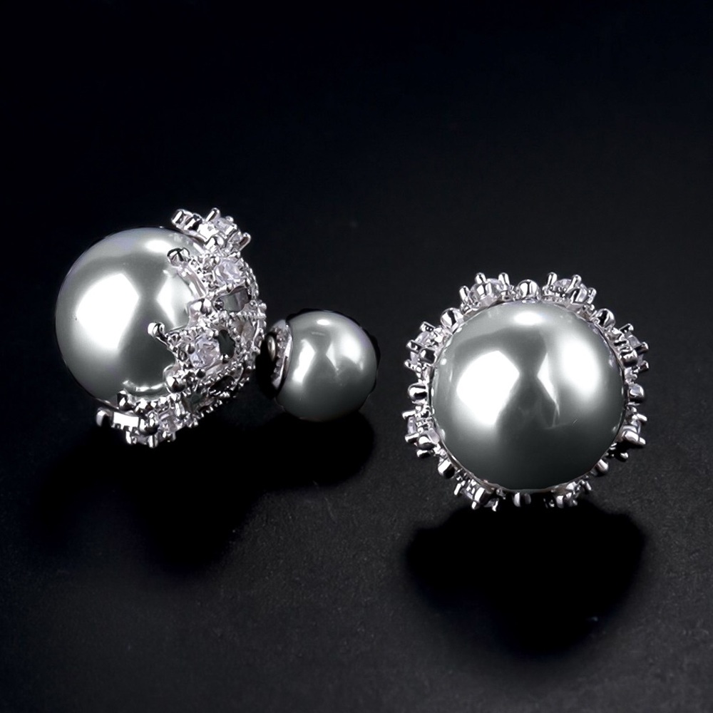 Pearlescent Gray Silver Crystal Pave Double Studs - Picture 6 of 8